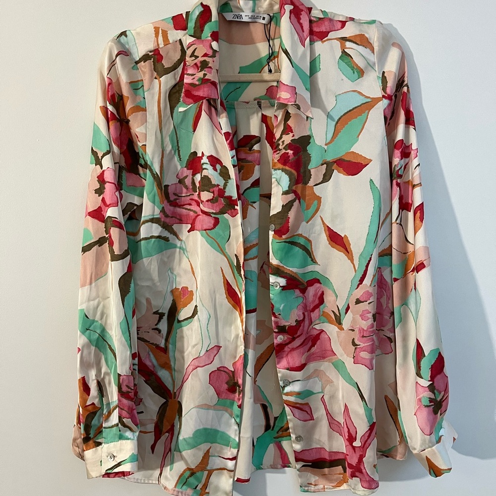 ZARA satin shirt: white with florals (pre-loved)